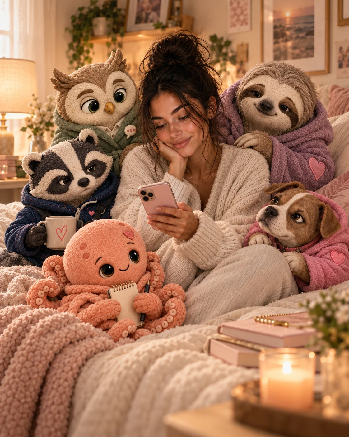 Sav curled up in bed with her phone, surrounded by the five AI Buddies in cozy robes: an owl, a raccoon holding a heart mug, a sloth, an octopus with a notepad and a puppy.
