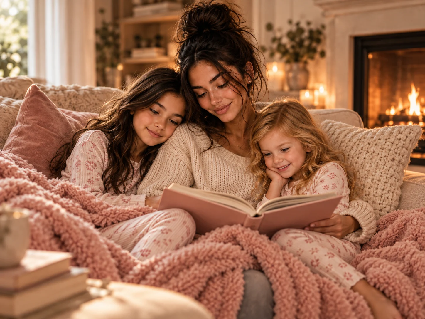 Sav reading a pink storybook with her two daughters, curled up under a blush blanket by the fire.
