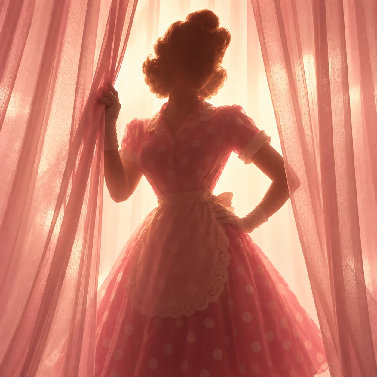A mysterious silhouette in a polka-dot dress and apron, peeking out from behind sheer pink curtains.