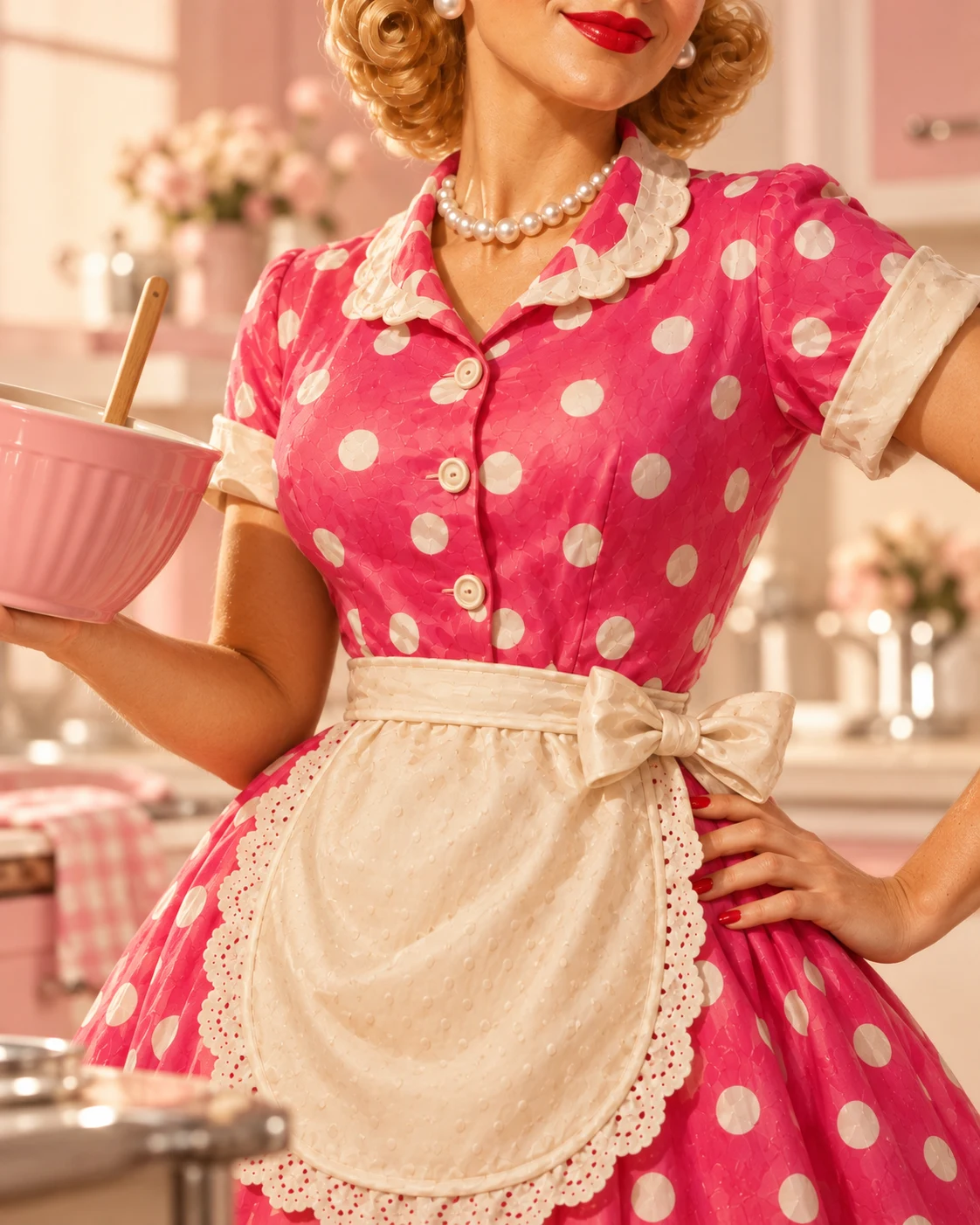 A close crop of a woman in a pink polka-dot dress, white lace apron and pearls, holding a pink mixing bowl with one hand on her hip. Her face is just out of frame.