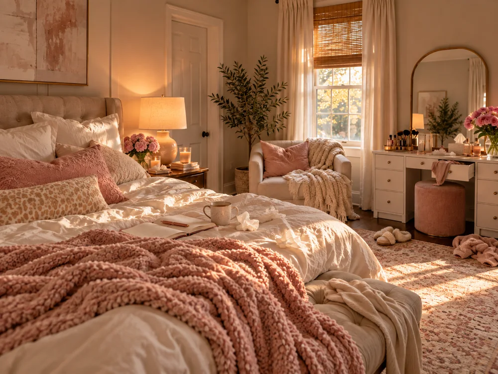 The same bedroom on a harder day: rumpled covers, tissues and an open journal with a mug on the bed, a sweater on the floor and a vanity drawer left open.