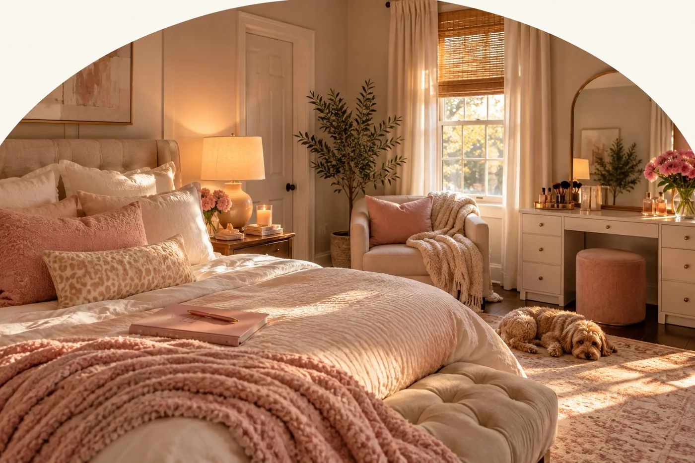 A warm, sunlit bedroom on a put-together day: a made bed with a pink knit throw and a closed journal, a lamp glowing, flowers on the vanity and a small dog curled on the rug.