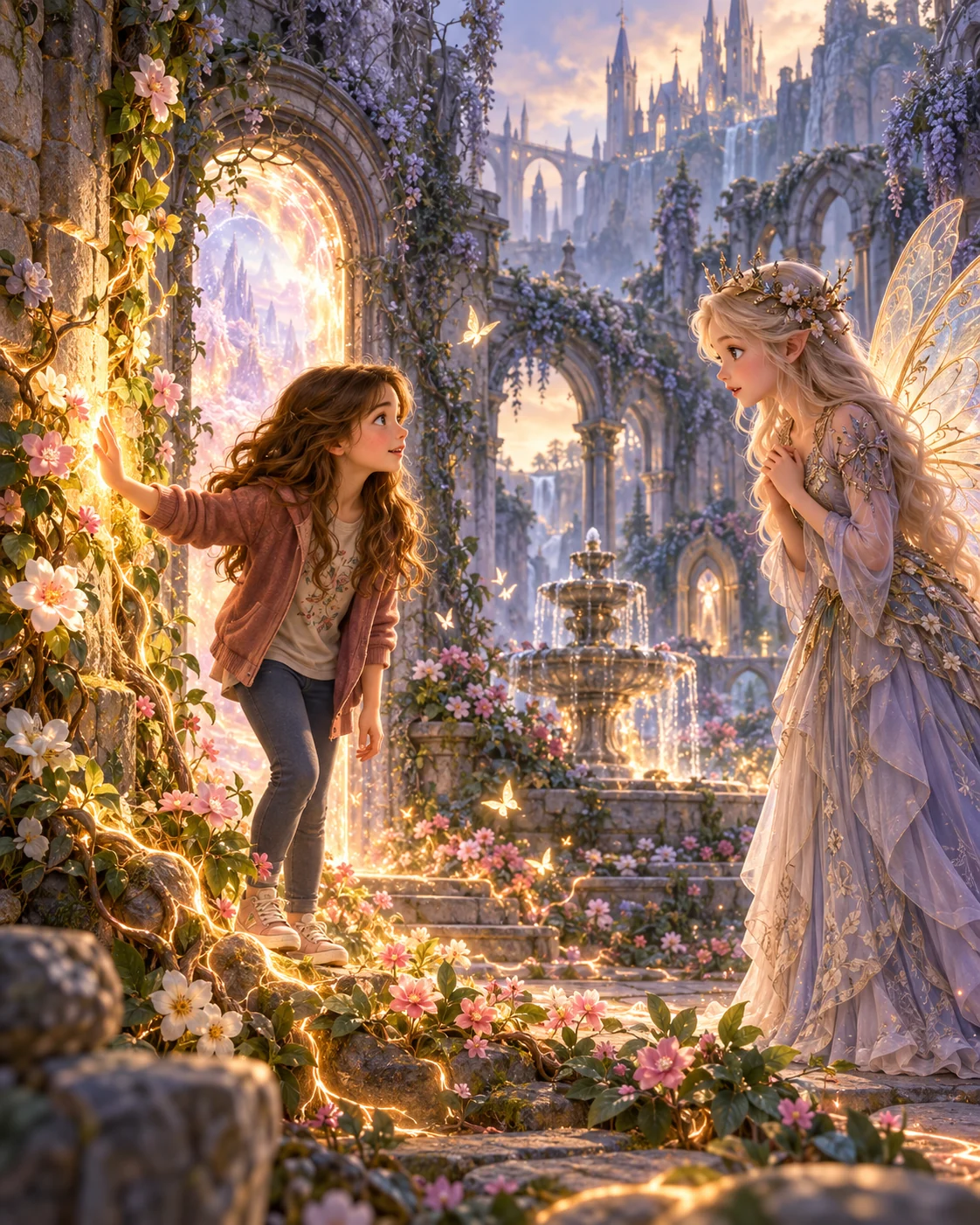 A girl touches a glowing archway in an overgrown stone garden as a fairy princess with gossamer wings watches in wonder, a spired castle and fountain glowing behind them.