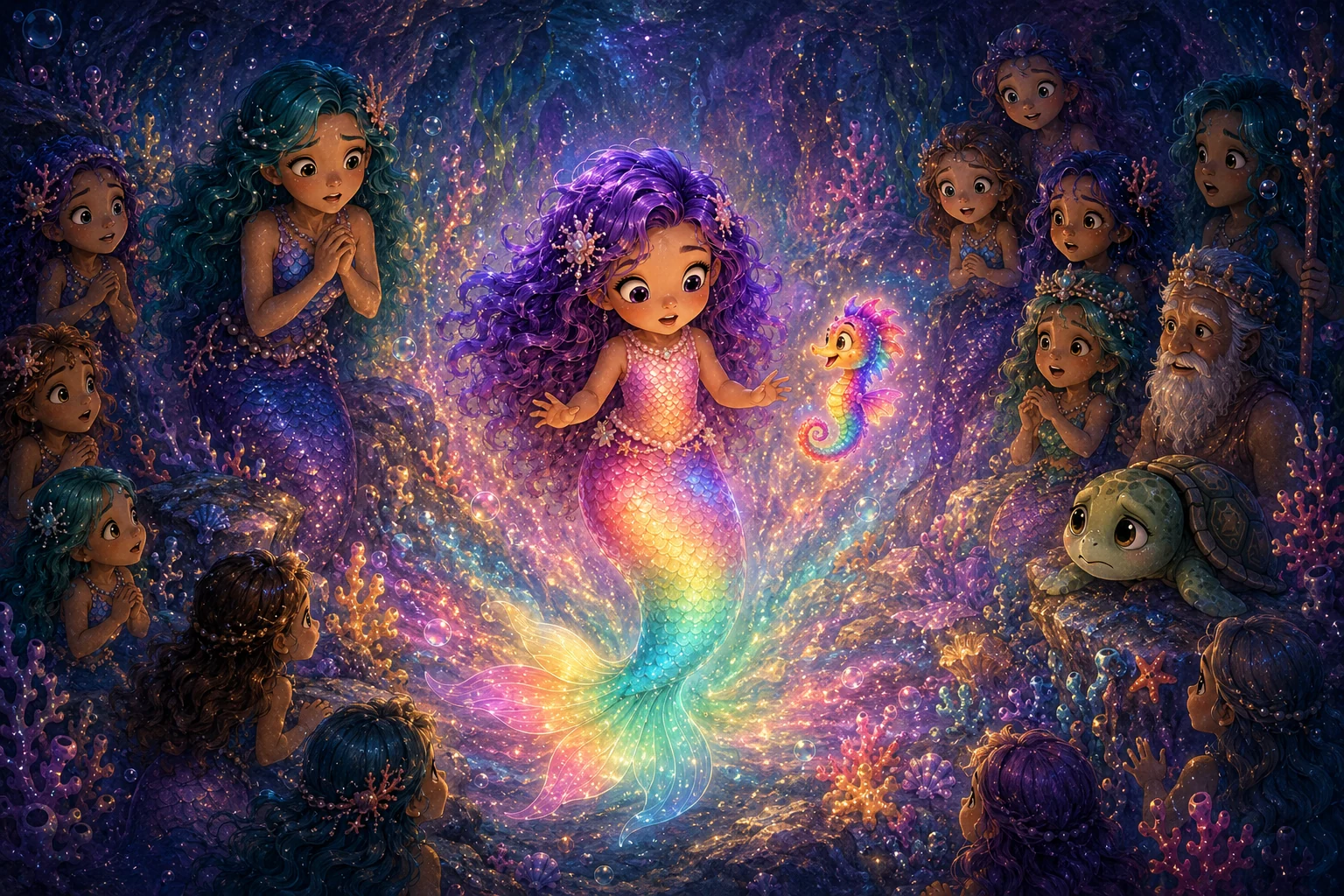 Maevyn, a little mermaid with violet curls, glows with a shimmering rainbow tail in an underwater grotto as mermaids, a seahorse, a sea turtle and the sea king gather around in awe.
