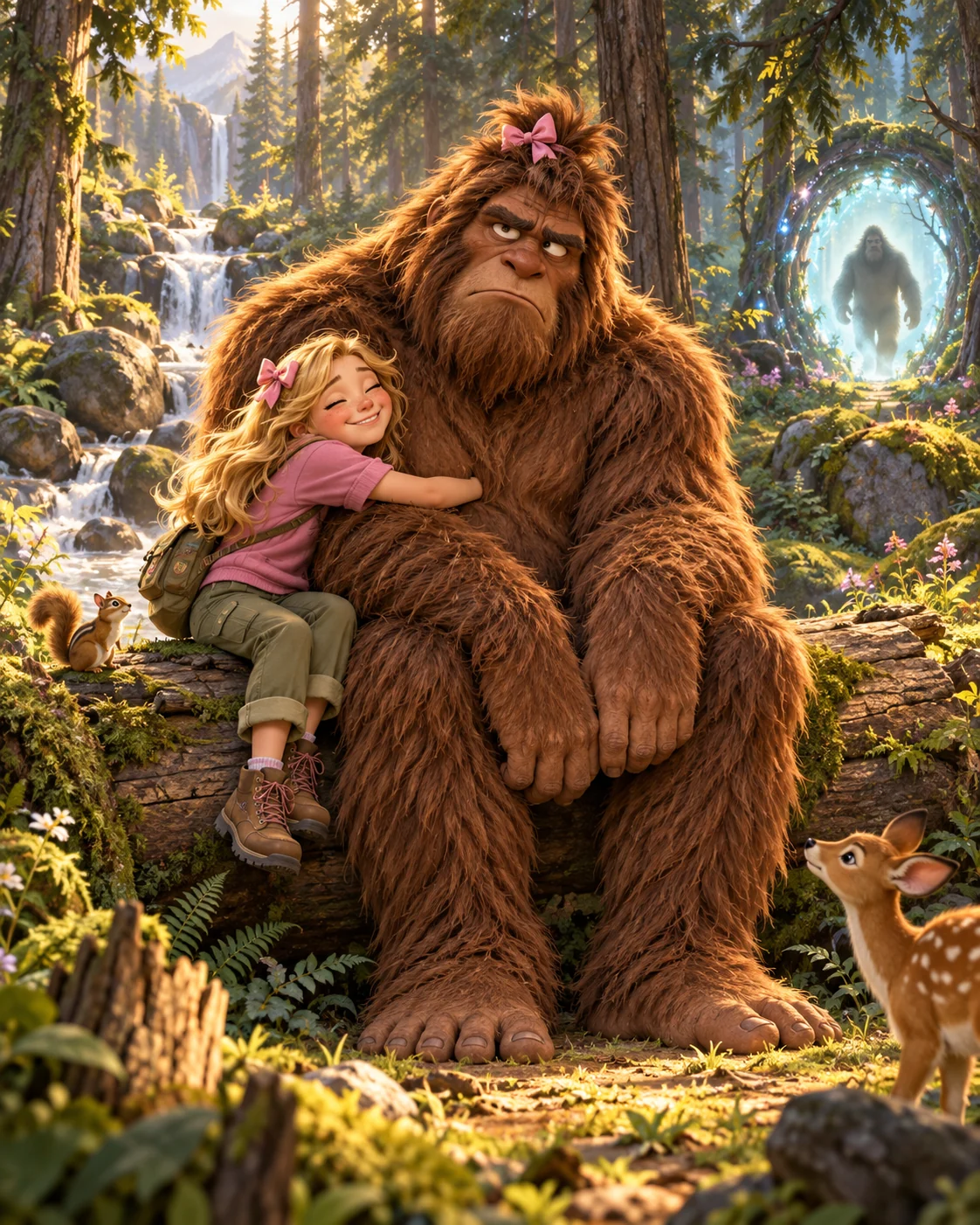 A beaming little girl in hiking boots hugs an enormous, deeply unimpressed Bigfoot on a mossy log, while a fawn and a chipmunk look on and another Bigfoot steps through a glowing portal in the trees.