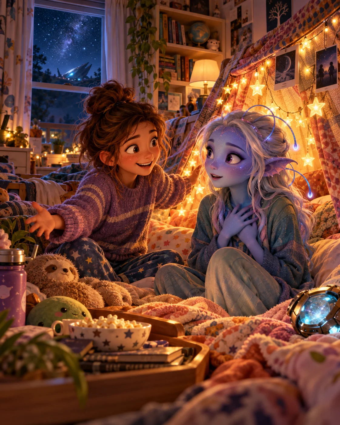 Amara, in a striped sweater, laughs with Luma, a lavender-skinned alien girl, inside a cozy blanket fort strung with star lights, a small spaceship glinting outside the window.